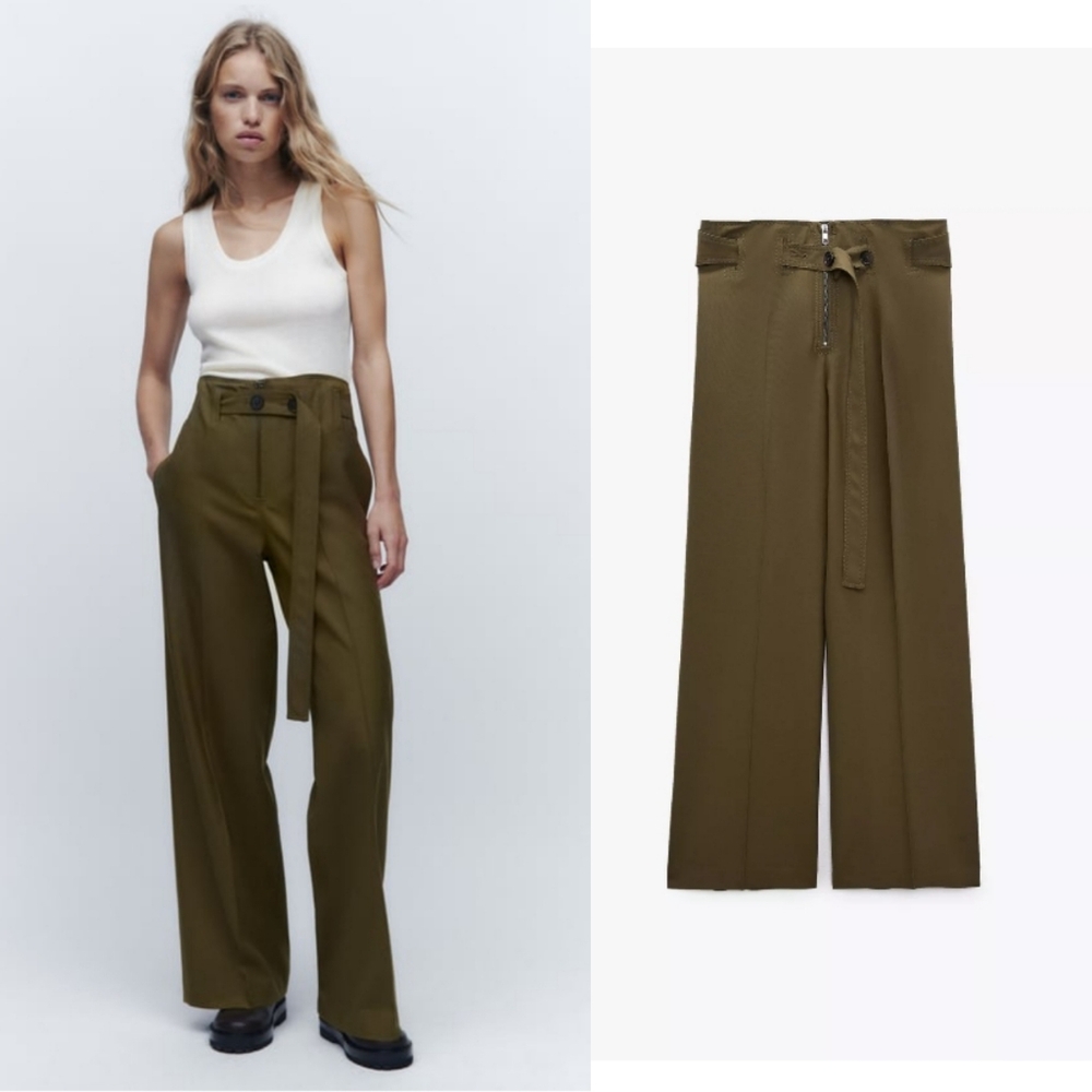 Zara Belted Pants Wool Blend Khaki Green Size M New With Tag